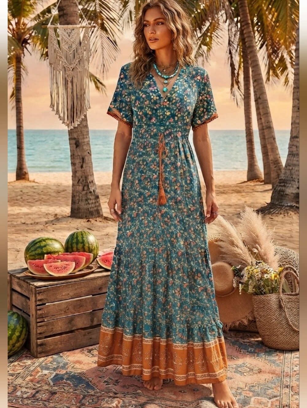 Boho, Flowy - R.Vivimos Teal Floral Women's Dress - Teal Floral